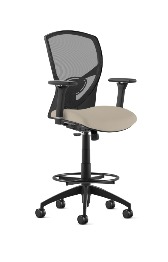 9to5 Seating Theory Mid-Back 300 LB Bar Height Office Stool, Mesh Back, Upholstered Seat, Simple Synchro Control, Height Adjustable and Pivot Arms
