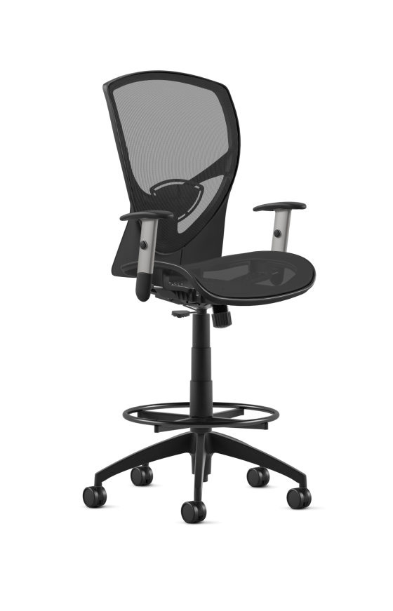 9to5 Seating Theory All Mesh Mid-Back 300 LB Counter Height Office Stool, Simple Synchro Control, Silver Two-Way Adjustable Arms